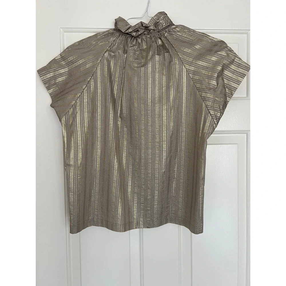 A Shirt Thing Striped Stella Gold‎ Metallic Ruffle Blouse Tan Size Small